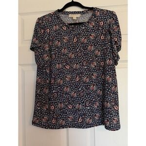 Michael Kors Boho Paisley Floral Navy & Red Top L Short Sleeve Crew Neck